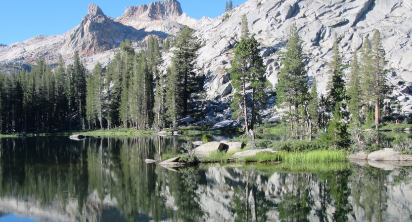 Evergreen trees and a mountain are reflected in a body of water. 